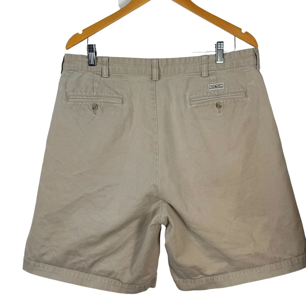 Vintage Polo Ralph Lauren Chino Shorts Mens 36 Tan Pleated Cotton Khaki 8 Inseam